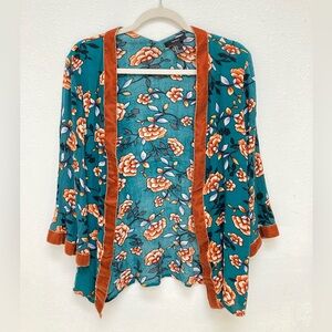 Forever 21 whimsical floral velvet trim flare sleeve cardigan